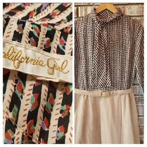Vintage California Girl Bow Geometric Stripe Belted Midi Dress Tan Black